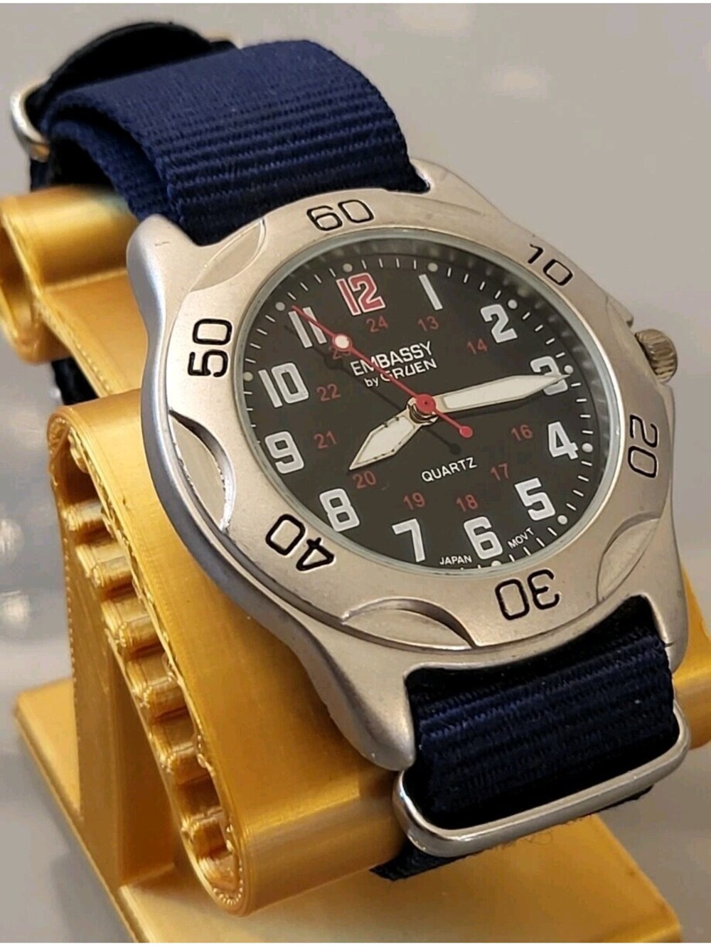 Embassy By Gruen Mens Watch 42mm Black Dial Silver Tone Date Works GreatSportEUC